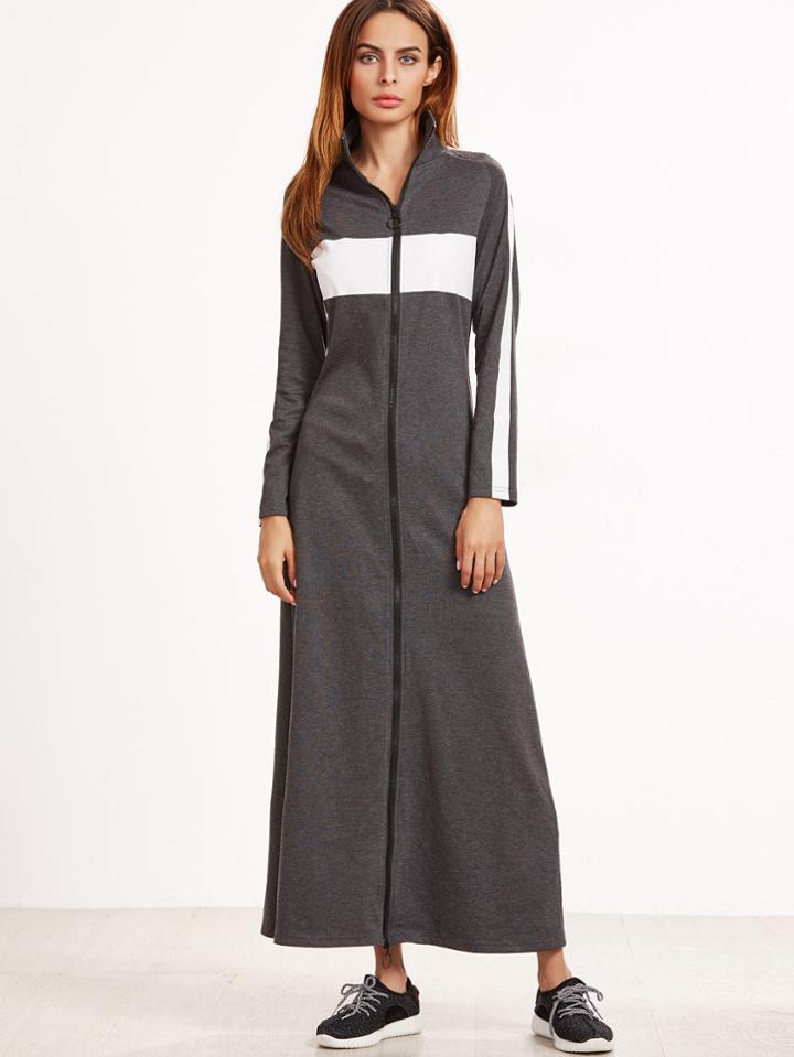 Shein Heather Grey Contrast Panel Zip Up Maxi Jacket