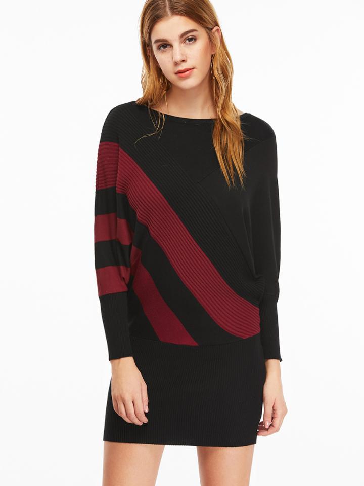 Shein Black Striped Boat Neck Batwing Sleeve Bodycon Dress