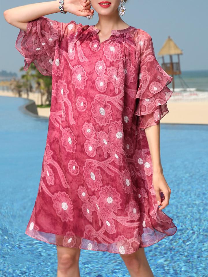 Shein V Neck Ruffle Sleeve Print Shift Dress