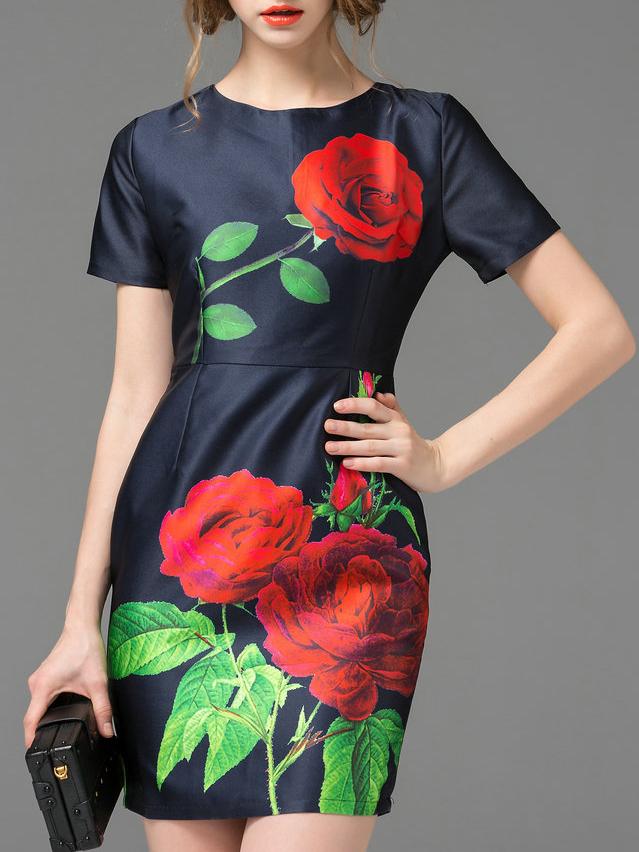 Shein Navy Crew Neck Rose Print Sheath Dress
