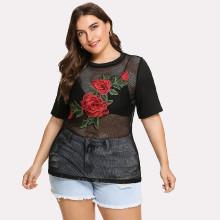 Shein Plus 3d Embroidered Applique Fishnet Tee