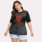 Shein Plus 3d Embroidered Applique Fishnet Tee