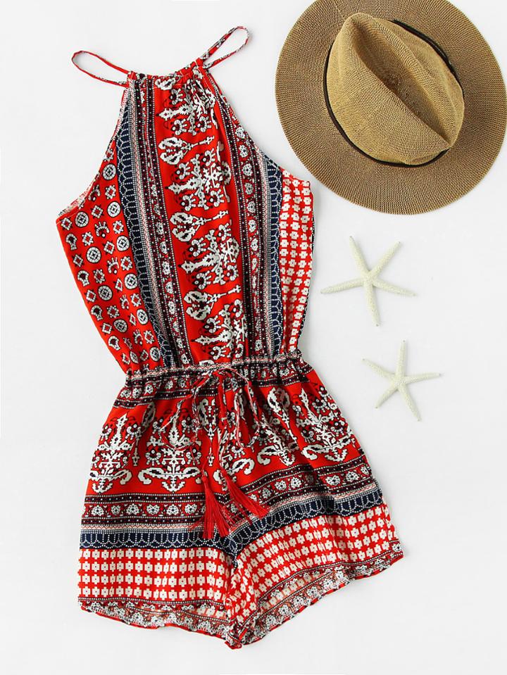 Shein Random Drawstring Waist Split Self Tie Back Romper