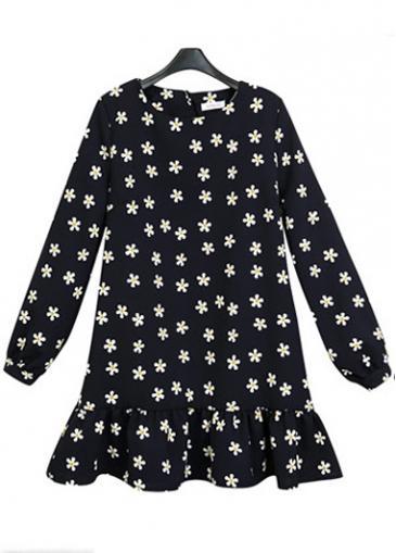 Rosewe Sweet Flower Print Long Sleeve A Line Dress
