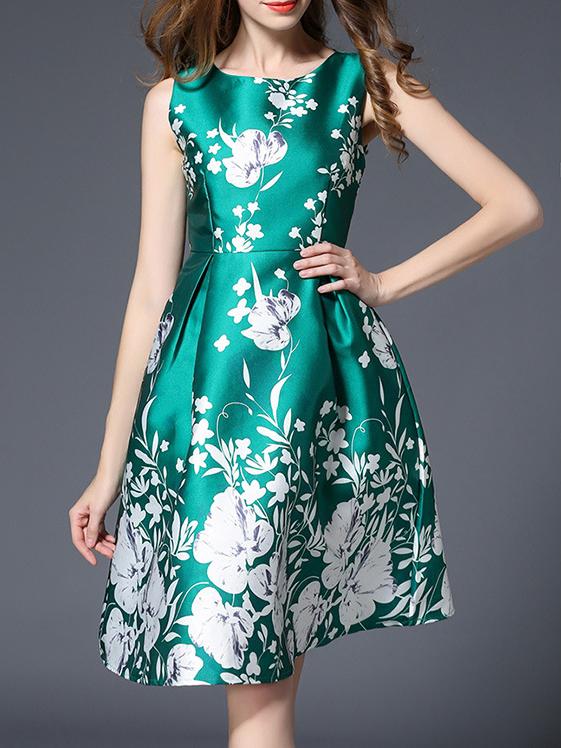 Shein Green Sleeveless Flowers Print A-line Dress