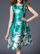 Shein Green Sleeveless Flowers Print A-line Dress