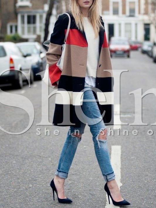 Shein Black Long Sleeve Color Block Coat
