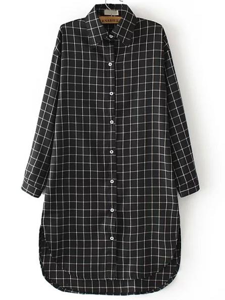 Shein Black White Lapel Checks Plaid Dip Hem Blouse