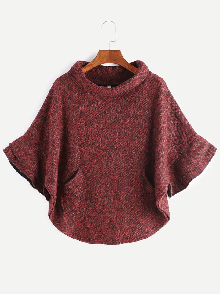 Shein Burgundy Turtleneck Pocket Slub Poncho Coat
