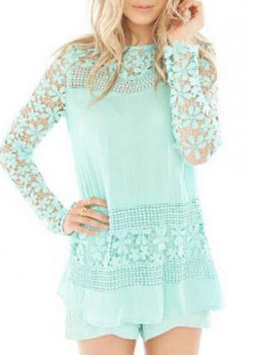 Rosewe Round Neck Long Sleeve Blue Blouse