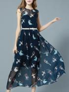 Shein Navy Round Neck Sleeveless Drawstring Bird Print Dress