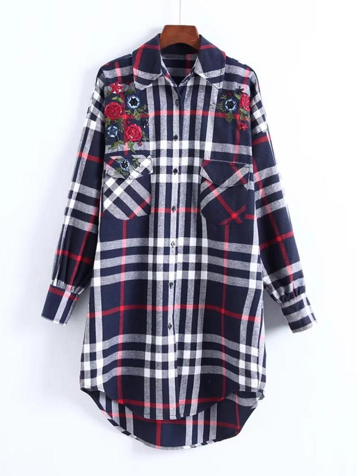 Shein Embroidered Dolphin Hem Check Shirt Dress