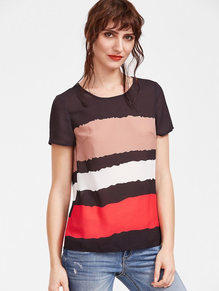 Shein Color Block Split Back Short Sleeve Top