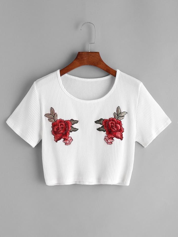 Shein Flower Embroidered Ribbed Crop Tee