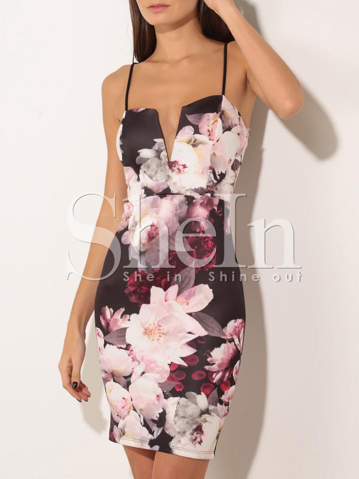 Shein Black Spaghetti Strap Floral Sheath Dress