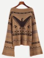 Shein Brown Eagle Pattern Bell Sleeve Sweater