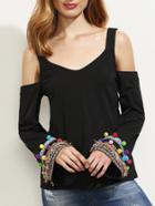 Shein Black Cold Shoulder Pompom Fringe Trim T-shirt