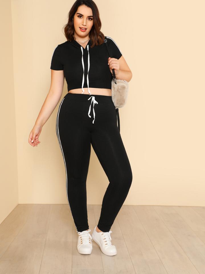 Shein Striped Side Crop Drawstring Top & Sweatpants Set