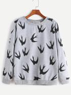 Shein Grey Ribbed Trim Swallow Print Sweatshirt