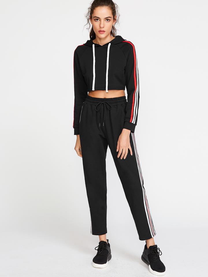 Shein Black Side Striped Drawstring Waist Sweatpants