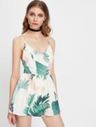 Shein Jungle Leaf Print Crisscross Back Princess Seam Playsuit