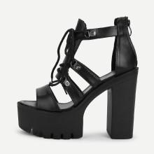 Shein Peep Toe Lace Up Pu Block Heeled Sandals