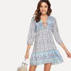 Shein Floral Print Deep V Neck Knot Dress