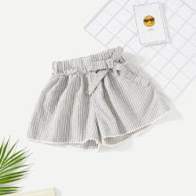 Shein Girls Self Belted Pinstripe Pompom Hem Shorts