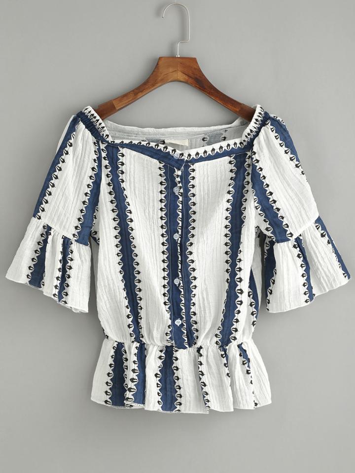 Shein Boat Neck Print Elastic Waist Blouse