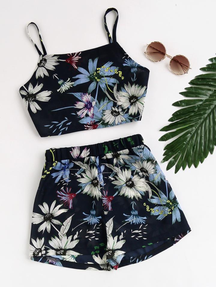 Shein Random Florals Zipper Back Crop Cami Top With Shorts