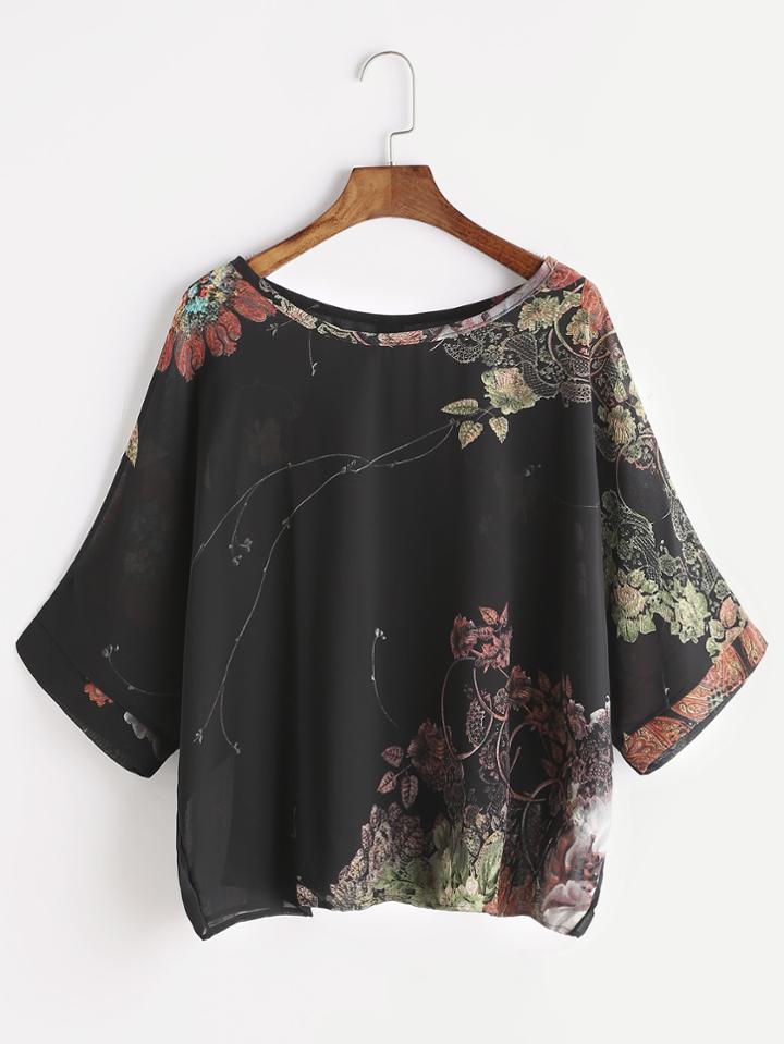 Shein Random Florals Button Back Chiffon Blouse
