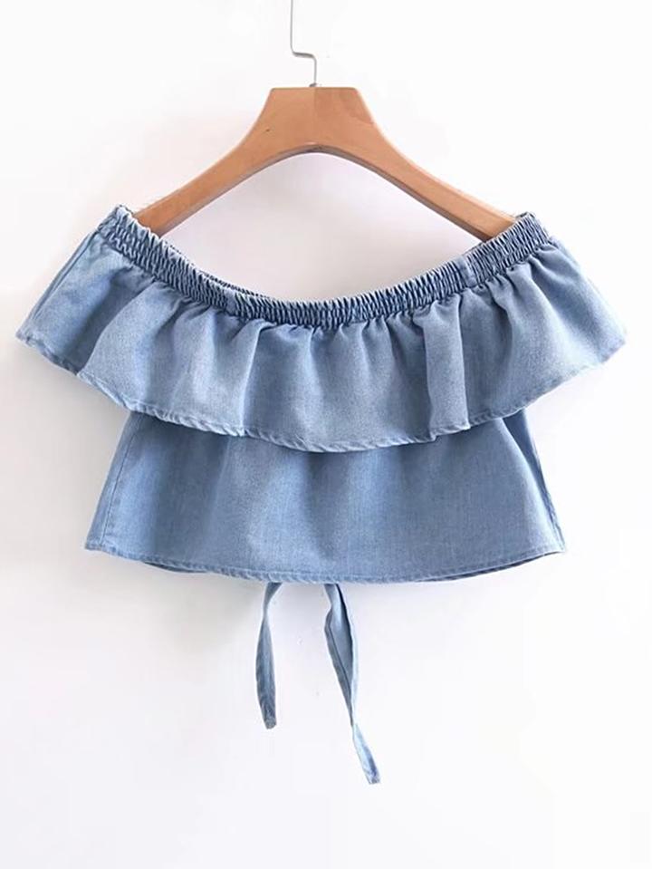 Shein Boat Neckline Knot Back Shirred Denim Top