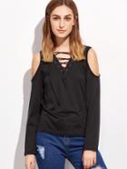 Shein Black Open Shoulder Eyelet Lace Up T-shirt