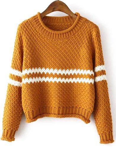 Shein Yellow Round Neck Striped Crop Knit Sweater