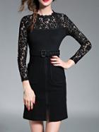 Shein Black Contrast Lace Belted Sheath Dress