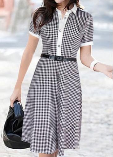 Rosewe Button Closure Turndown Collar Plaid Print Skater Dress