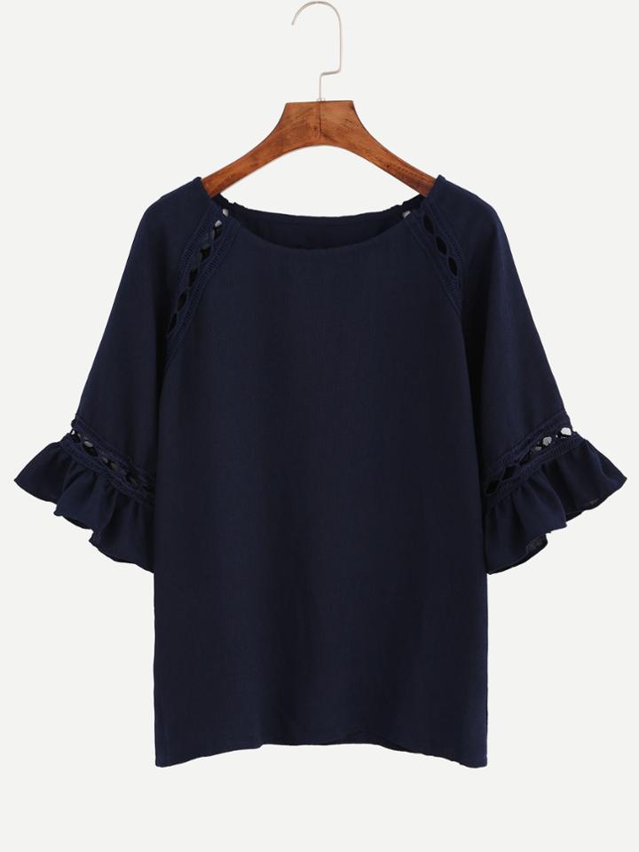 Shein Navy Hollow Out Ruffle Sleeve Top