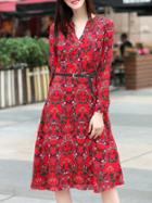 Shein Red V Neck Print Belted A-line Dress