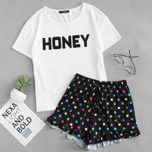 Shein Letter Print Tee And Polka Dot Shorts Pj Set