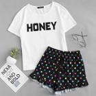 Shein Letter Print Tee And Polka Dot Shorts Pj Set