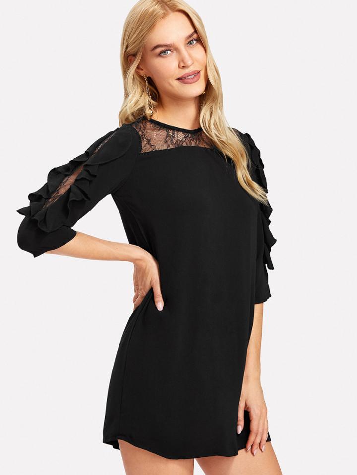 Shein Lace Contrast Keyhole Back Ruffle Sleeve Dress