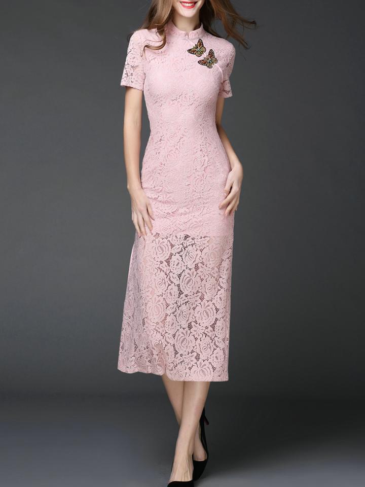 Shein Butterfly Embroidered Split Lace Dress