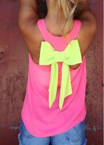 Rosewe Pink See Half Through Bowknot Embellished Tank Top