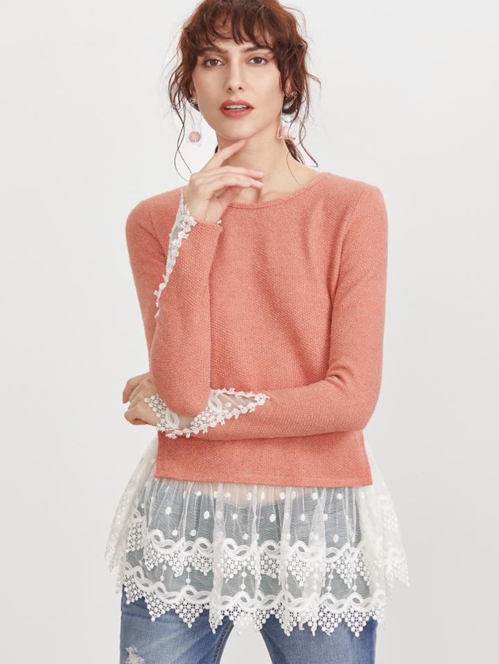 Shein Pink Contrast Lace Trim T-shirt