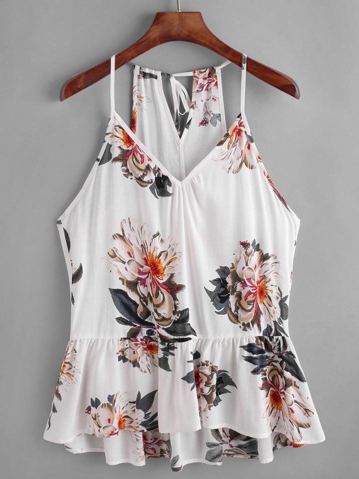 Shein Flower Print Keyhole Self Back Peplum Cami Top
