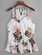 Shein Flower Print Keyhole Self Back Peplum Cami Top