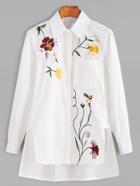 Shein White Botanical Embroidered Hidden Button High Low Blouse