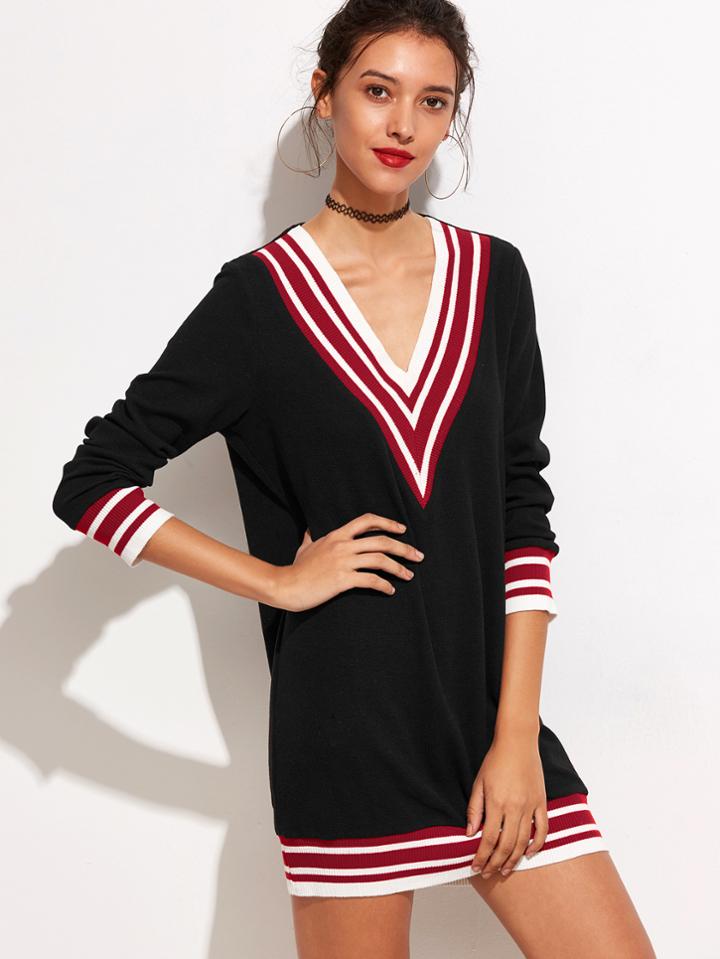 Shein Black Striped Trim V Neck Knit Dress