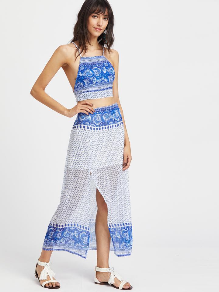Shein Paisley Print Crisscross Back Cami Top With Slit Skirt