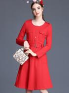 Shein Red Round Neck Long Sleeve Drawstring Pockets Dress